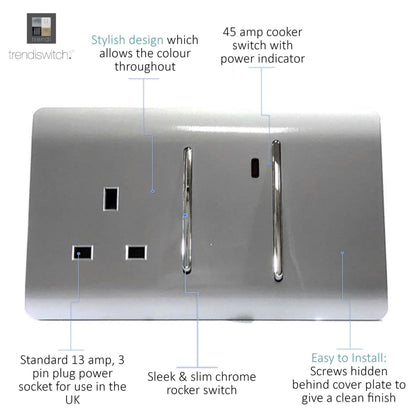 Trendi Switch 45 Amp Cooker Switch & 13 Amp Plug Socket with Neon in Platinum Silver