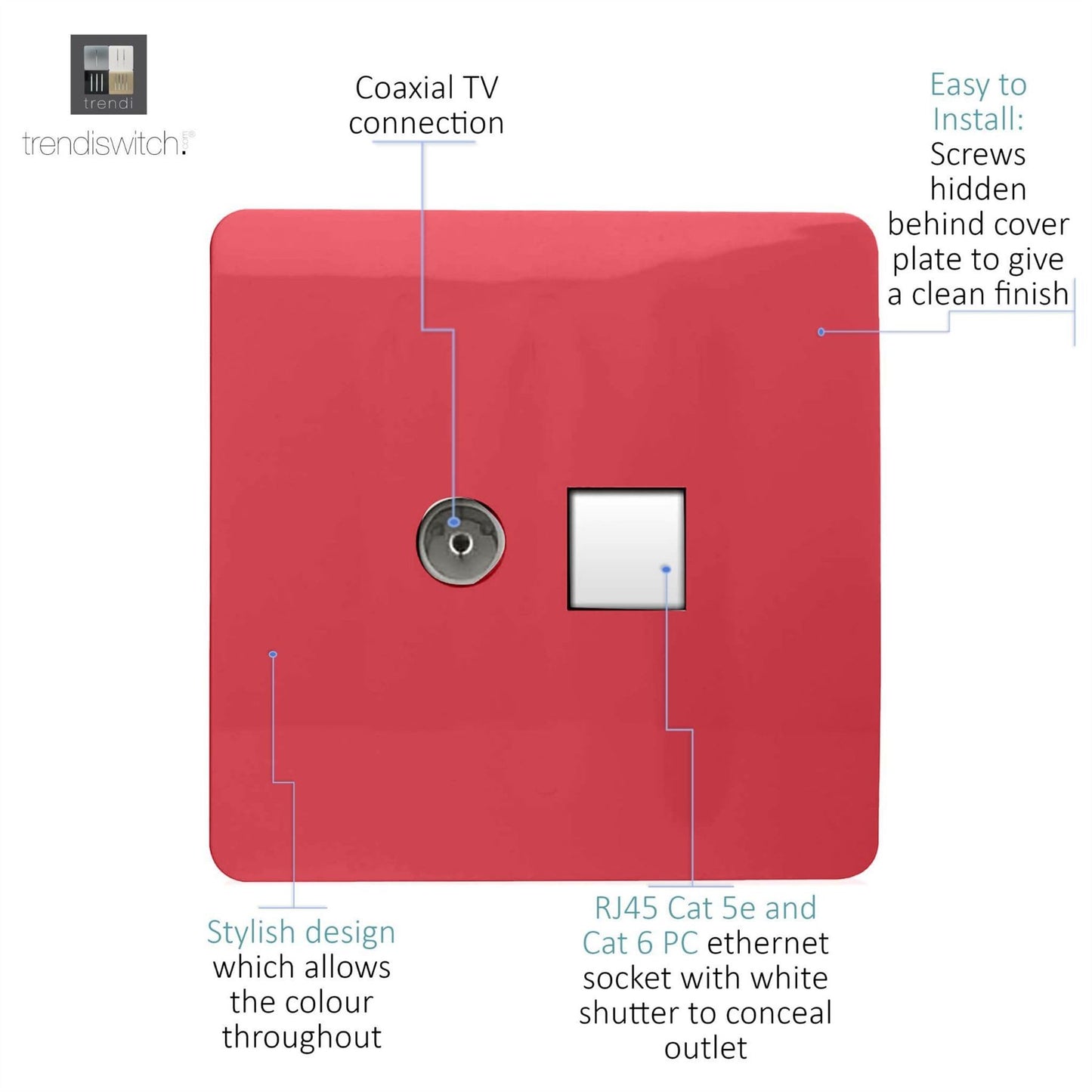 Trendi Switch 2 Gang Female TV Co-Axial & RJ45 Cat 5e PC Ethernet Sockets in Strawberry Red