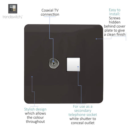 Trendi Switch 2 Gang Female TV Co-Axial & Telephone Slave Sockets in Dark Mocha Brown