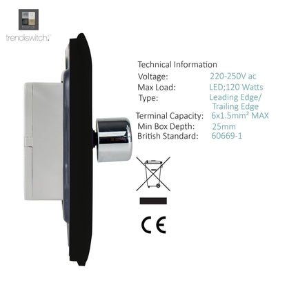 Trendi 1 Gang 2 Way 240V 100w LED Dimmer Screwless Raised Front Plate Plastic Artistic Modern Glossy 10 Amp Chrome Single Electrical Wall Light Switch in Matt Black - ART-LDMMBK