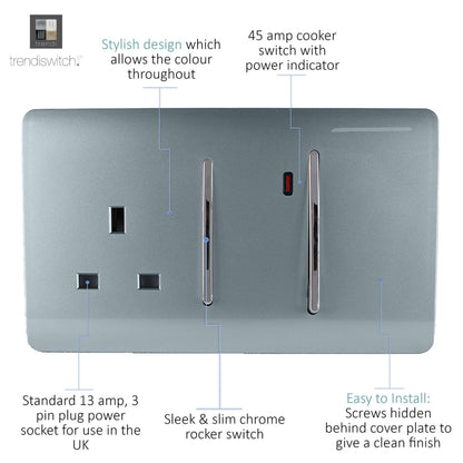 Trendi Switch 45 Amp Cooker Switch & 13 Amp Plug Socket with Neon in Cool Grey