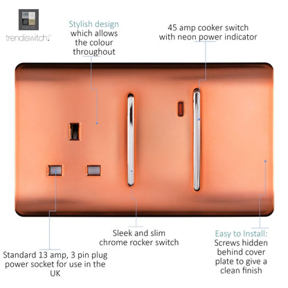 Trendi Switch 45 Amp Cooker Switch & 13 Amp Plug Socket with Neon in Copper