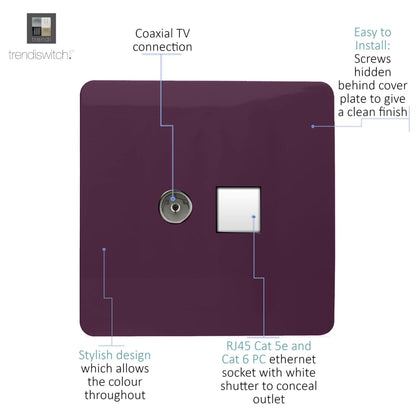 Trendi Switch 2 Gang Female TV Co-Axial & RJ45 Cat 5e PC Ethernet Sockets in Plum Purple
