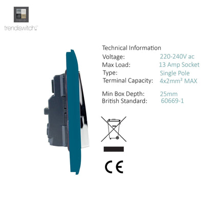 Trendi Switch 2 Gang Long Switched Plug Socket in Ocean Blue