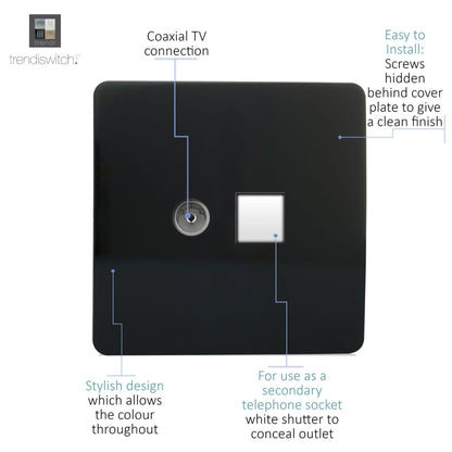 Trendi Switch 2 Gang Female TV Co-Axial & Telephone Slave Sockets in Piano Black