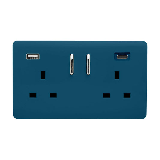 Trendi Switch 2 Gang USB 45W Type A & C USB Plug Socket in Midnight Blue
