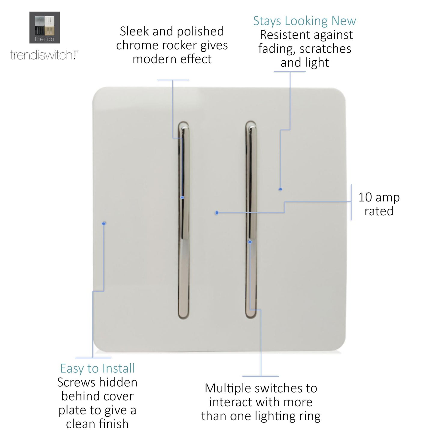 Trendi 2 Gang (1x 2 Way & 1x Intermediate) 10 Amp Rocker Light Switch Matt White - ART-SS29MWH