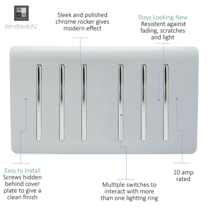 Trendi Switch 6 Gang 1 or 2 Way Light Switch in Platinum Silver