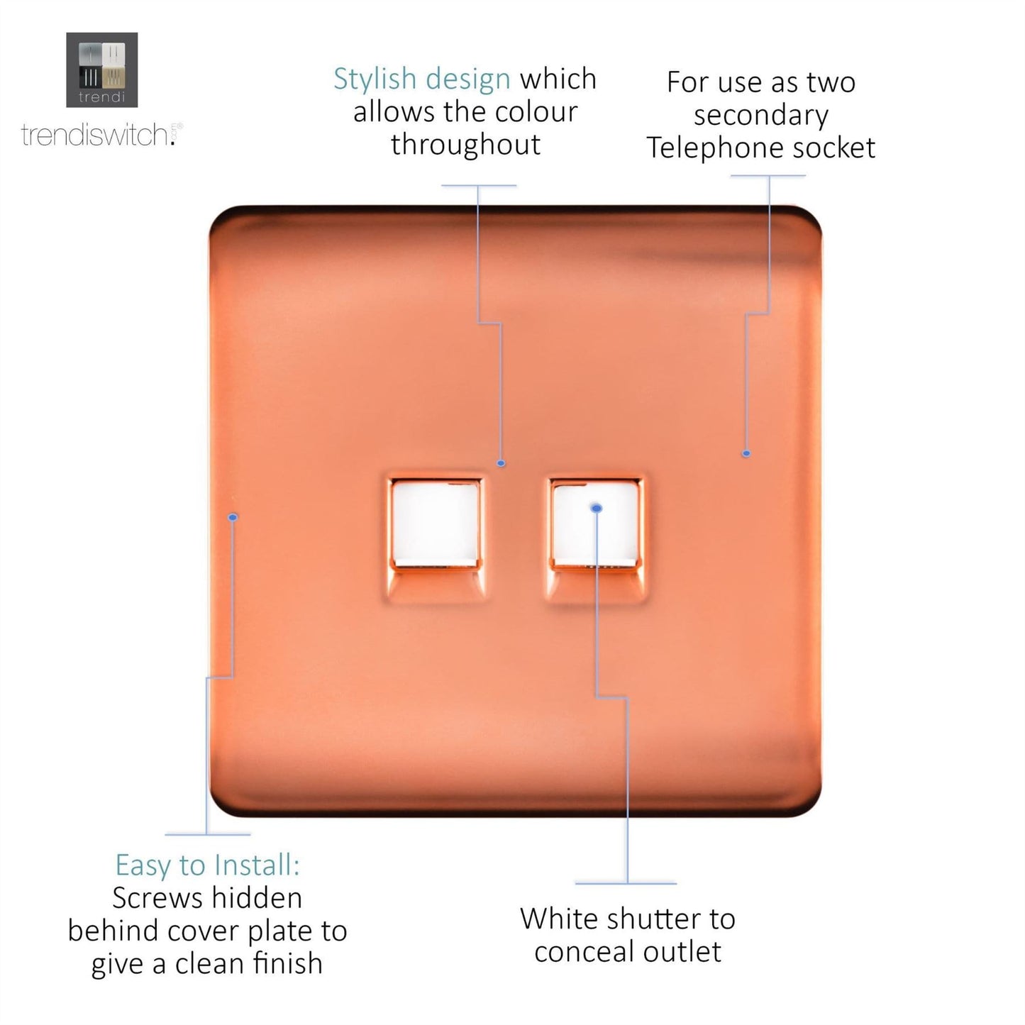 Trendi Switch 2 Gang Cat 3 Telephone Slave Socketin Copper