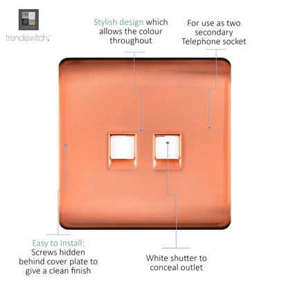 Trendi Switch 2 Gang Cat 3 Telephone Slave Socket in Copper