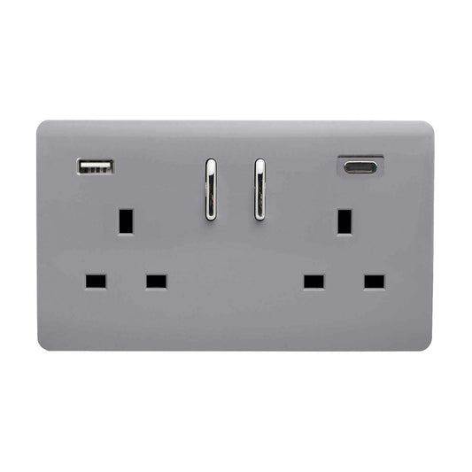 Trendi Switch 2 Gang USB 45W Type A & C USB Plug Socket in Platinum Silver