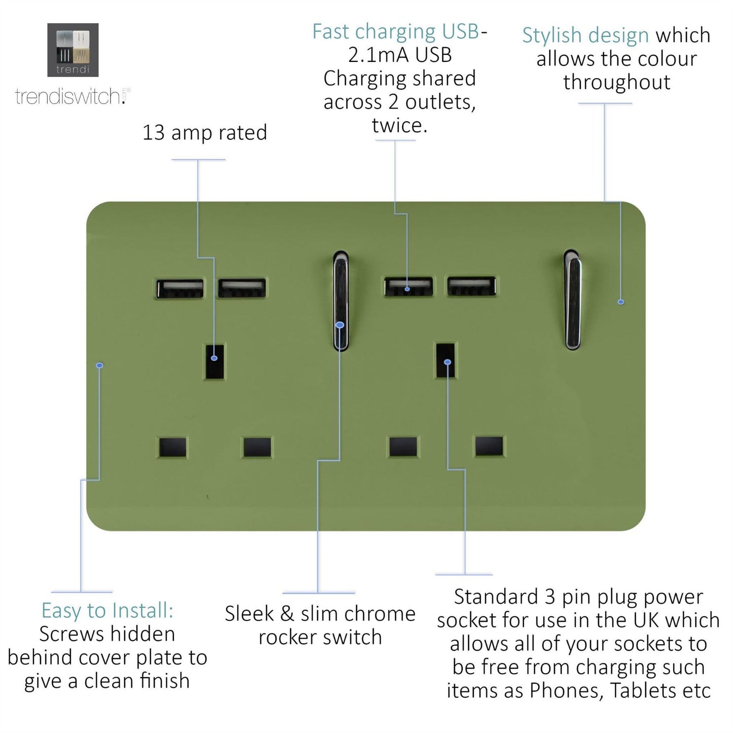 Trendi Switch 2 Gang 4 Port USB 2100mA Plug Socketin Moss Green