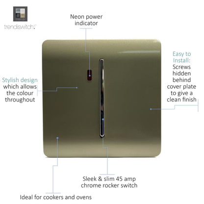 Trendi Switch 1 Gang 45 Amp Cooker Switch with Neon in Champagne Gold