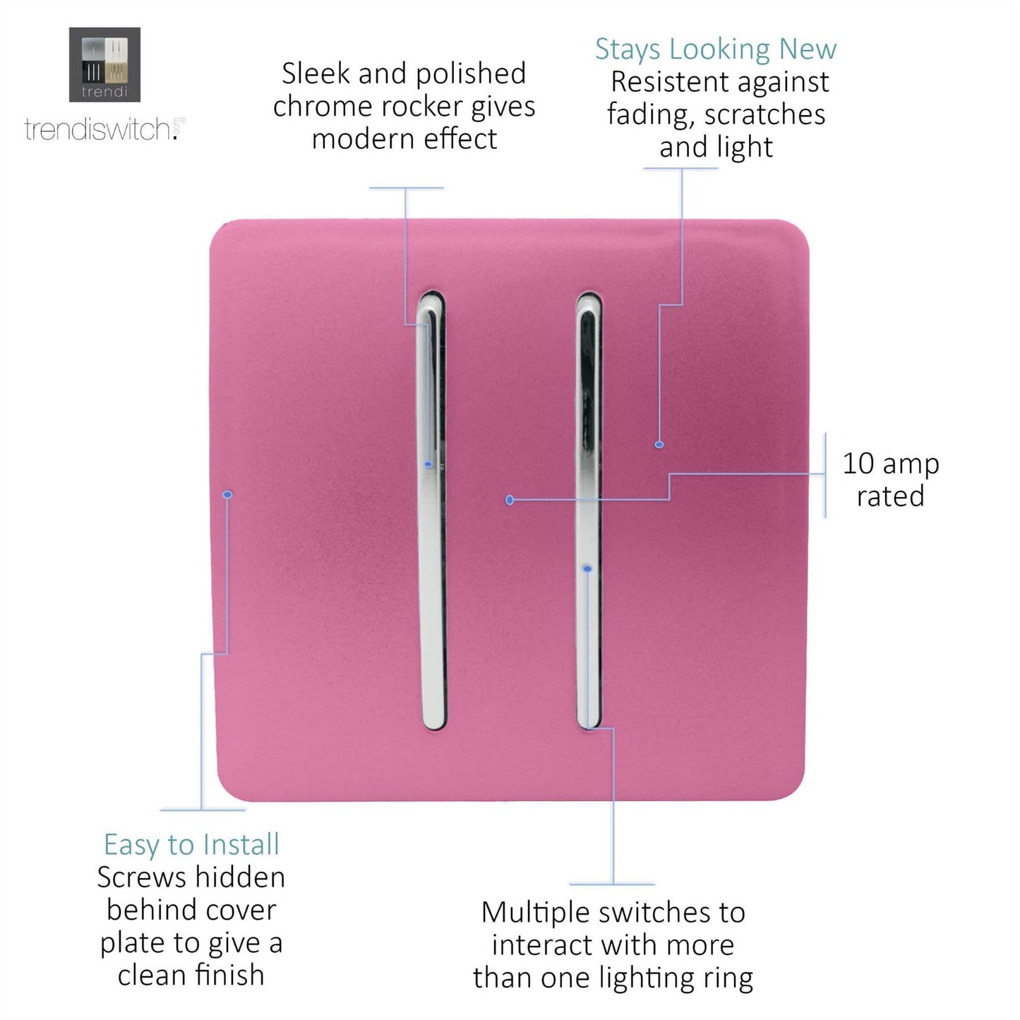 Trendi Switch 2 Gang 1 or 2 way Rocker Light Switchin Candy Pink