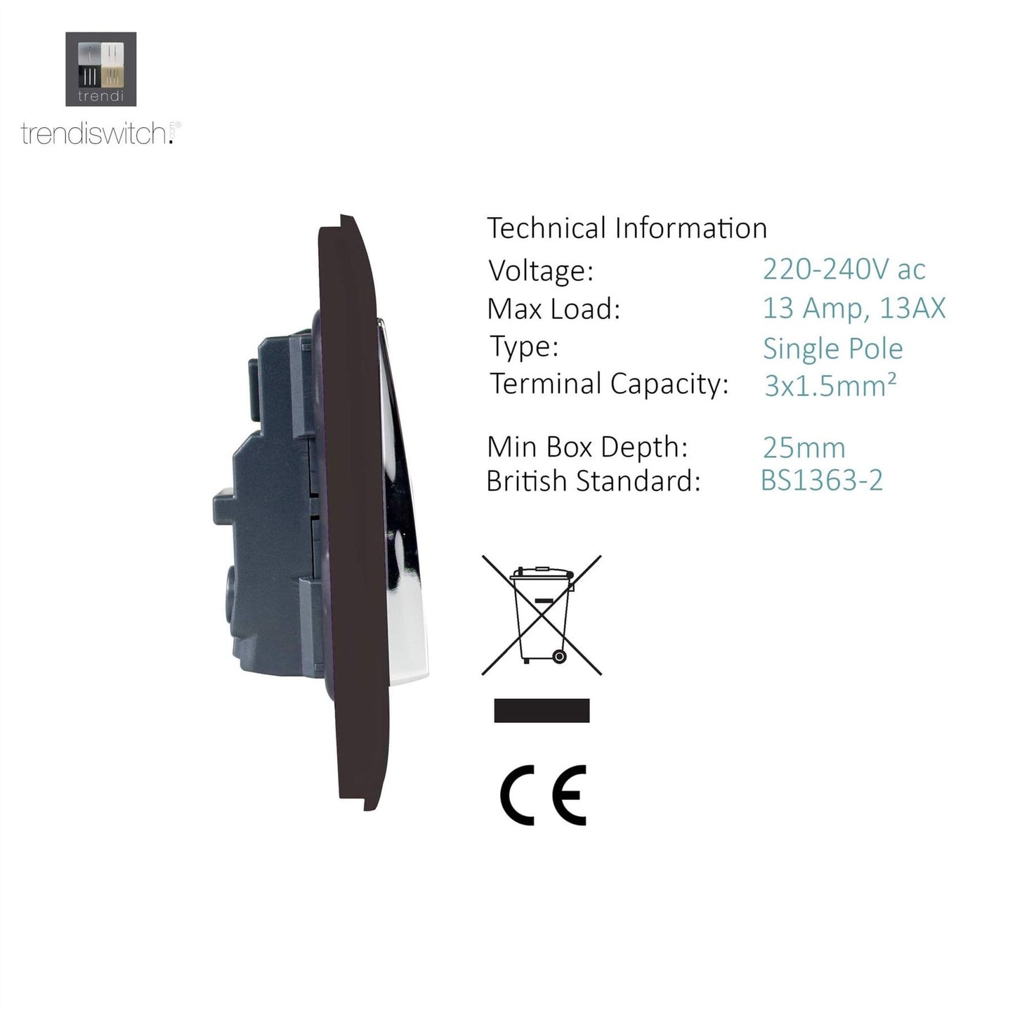 Trendi Switch 1 Gang 13 Amp Switched Plug Socketin Dark Mocha Brown