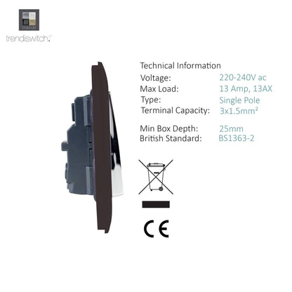 Trendi Switch 1 Gang 13 Amp Switched Plug Socket in Dark Mocha Brown