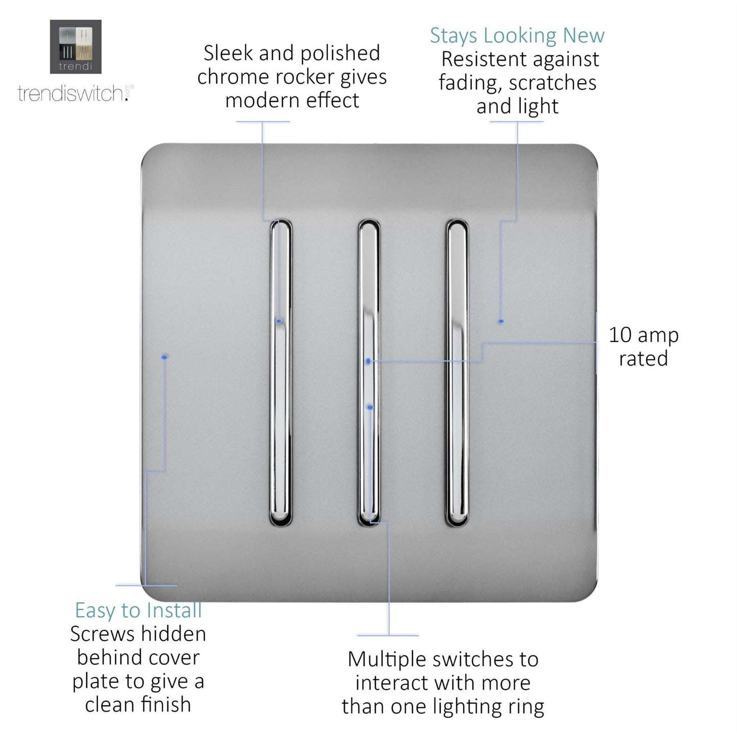 Trendi Switch 3 Gang 1 or 2 way Rocker Light Switch in Brushed Steel