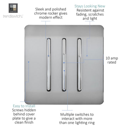 Trendi Switch 3 Gang 1 or 2 way Rocker Light Switch in Brushed Steel