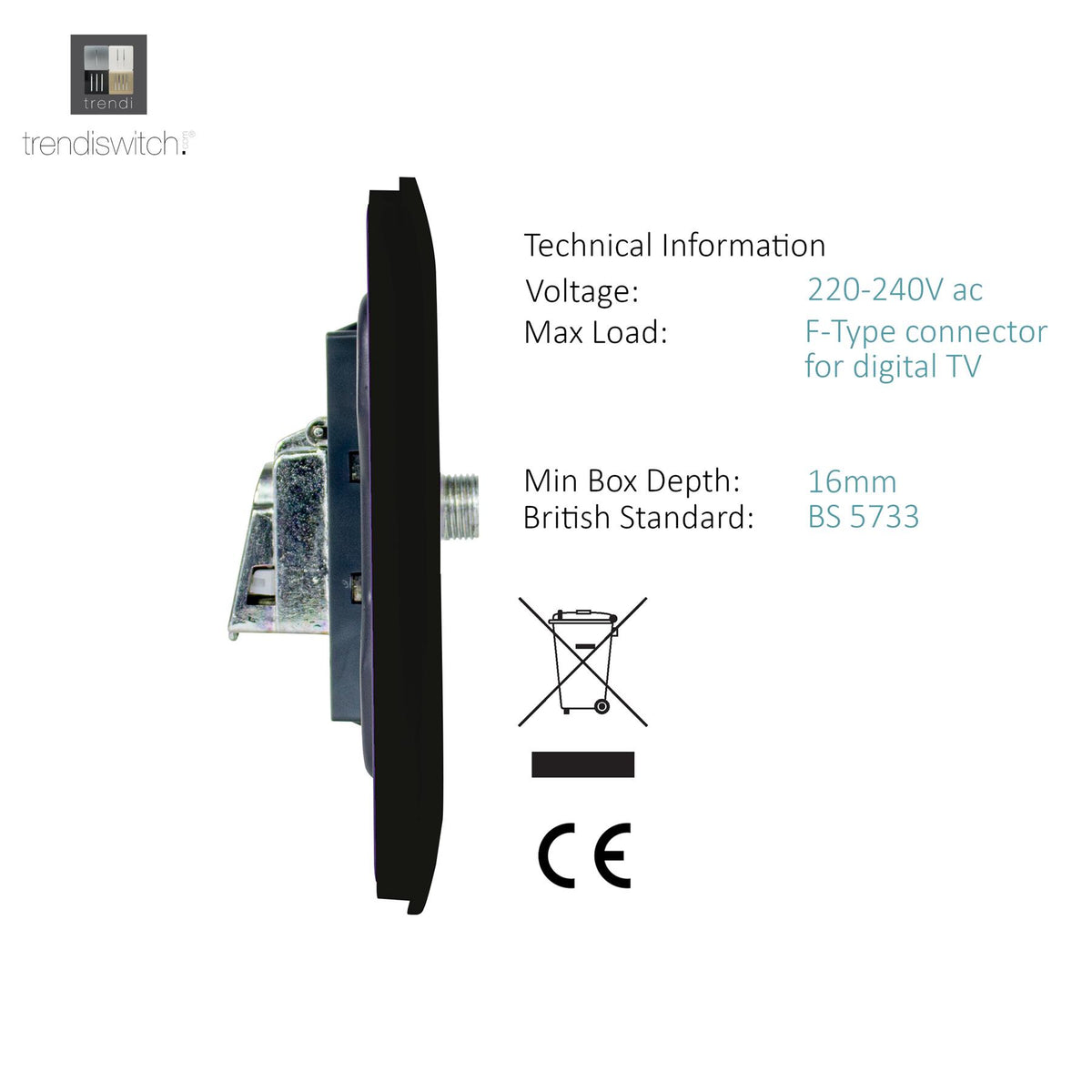 Trendi Switch TV Co-Axial & F-Type Satellite Socket in Carbon Fibre