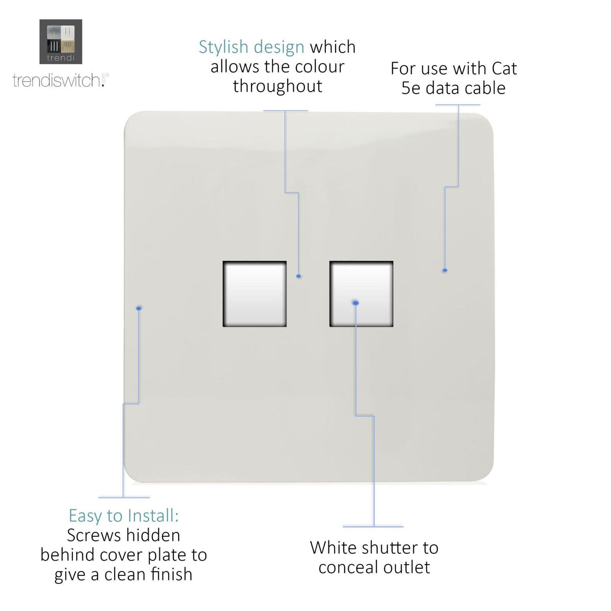 Trendi Trendi Switch 2 Gang RJ45 Cat 5e PC Ethernet Socket in Ice White