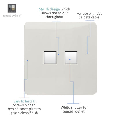 Trendi Switch 2 Gang RJ45 Cat 5e PC Ethernet Socket in Ice White