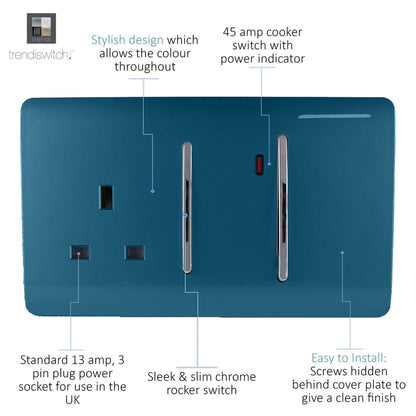 Trendi Switch 45 Amp Cooker Switch & 13 Amp Plug Socket with Neon in Midnight Blue