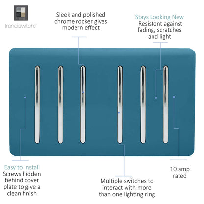 Trendi Switch 6 Gang 1 or 2 Way Light Switch in Ocean Blue