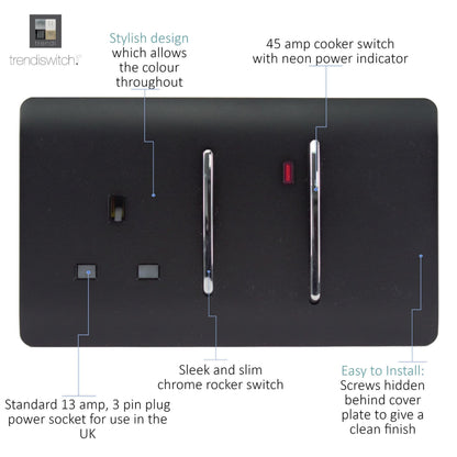 Trendi Switch 45 Amp Cooker Switch & 13 Amp Plug Socket with Neon in Matt Black