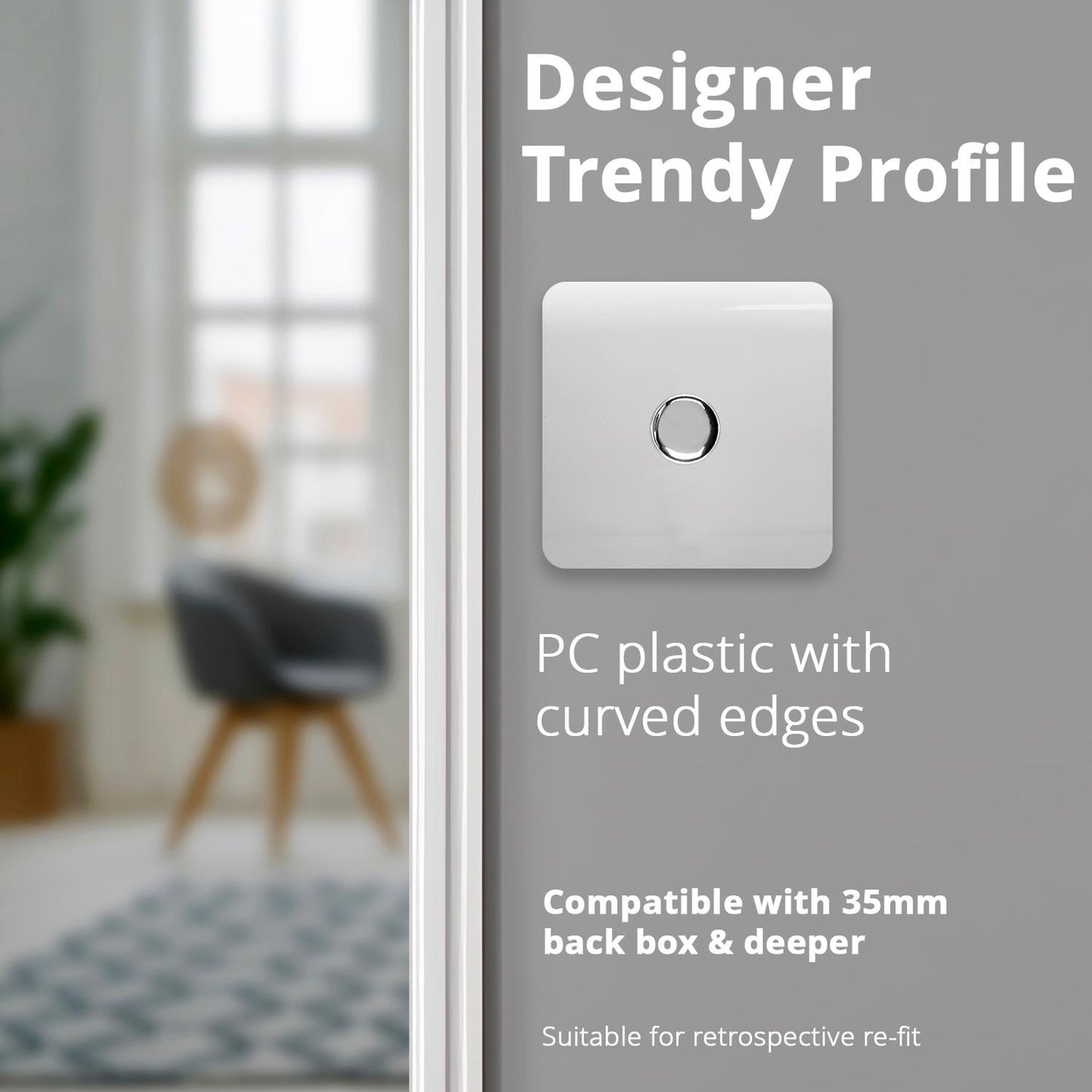 Trendi 1 Gang 2 Way 240V 100w LED Dimmer Screwless Raised Front Plate Plastic Artistic Modern Glossy 10 Amp Chrome Single Electrical Wall Light Switch in Ice White- ART-LDMWH