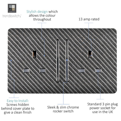 Trendi Switch 2 Gang Long Switched Plug Socket in Carbon Fibre