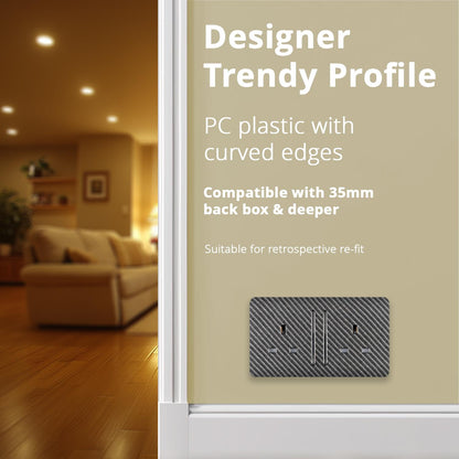 Trendi Switch 2 Gang Long Switched Plug Socket in Carbon Fibre