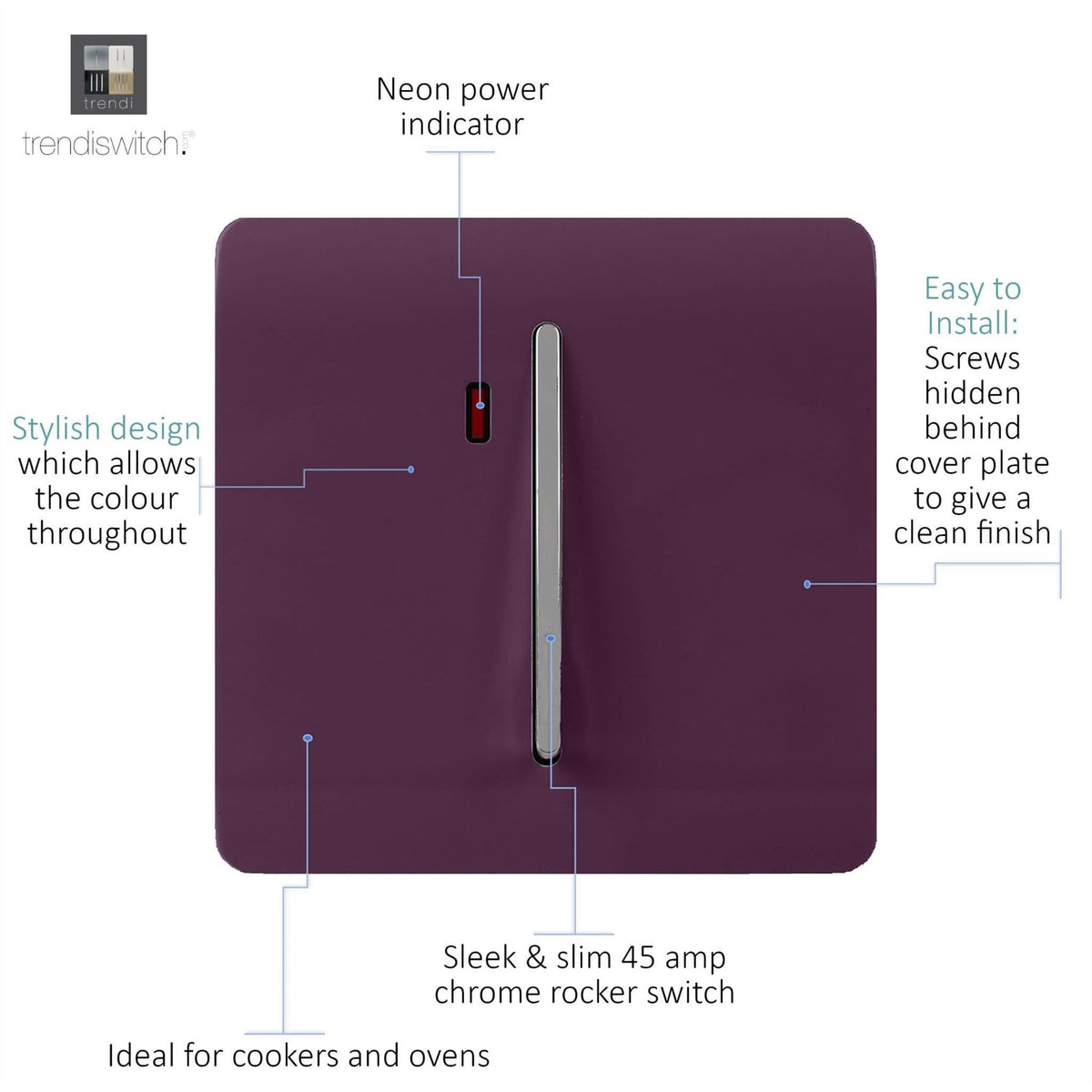 Plum Rocker Trendi Switch 1 Gang 20 Amp Heavy Duty Rocker Switchin Plum Purple