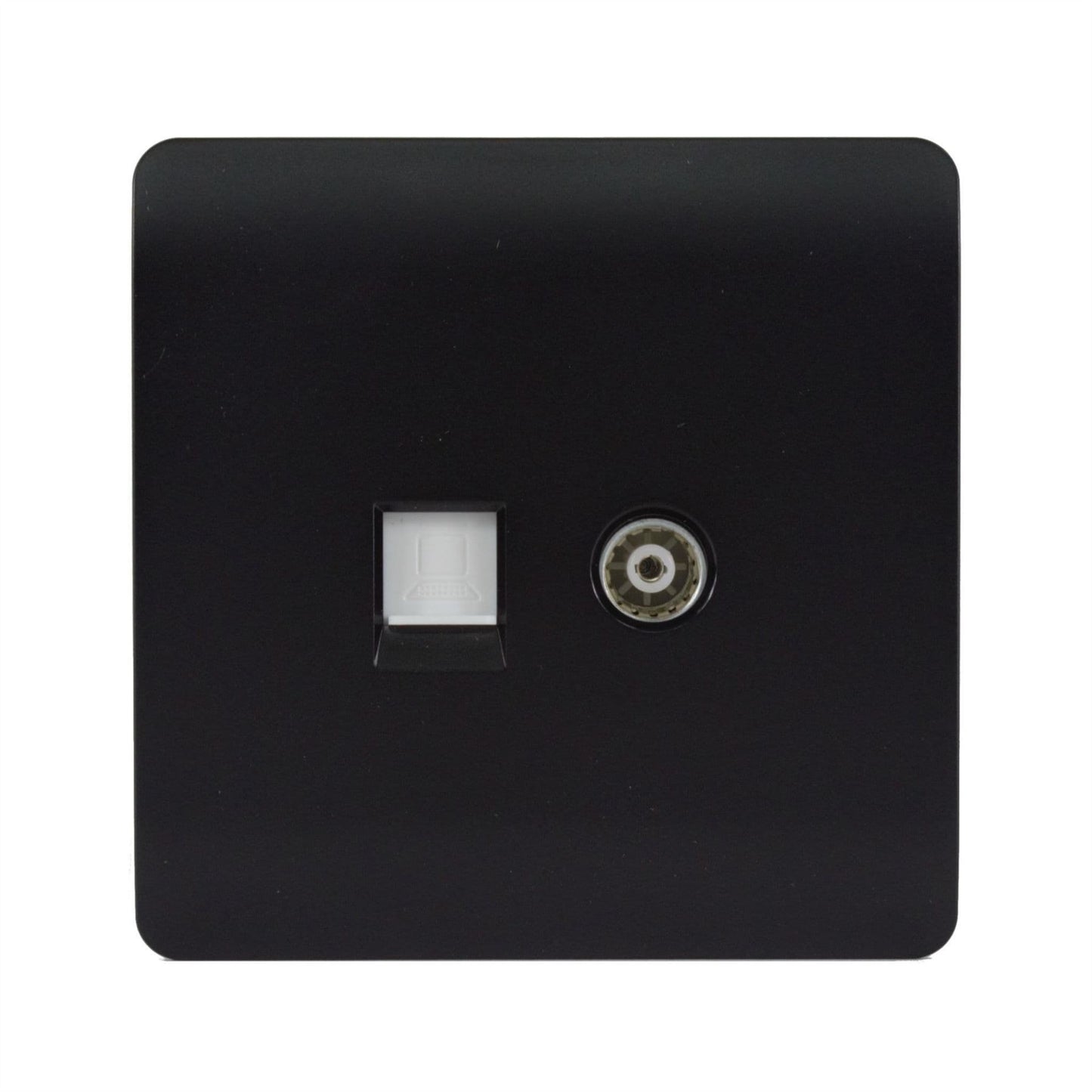 Trendi Switch 2 Gang Female TV Co-Axial & RJ45 Cat 5e PC Ethernet Socketsin Matt Black