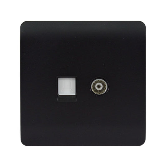 Trendi Switch 2 Gang Female TV Co-Axial & RJ45 Cat 5e PC Ethernet Socketsin Matt Black