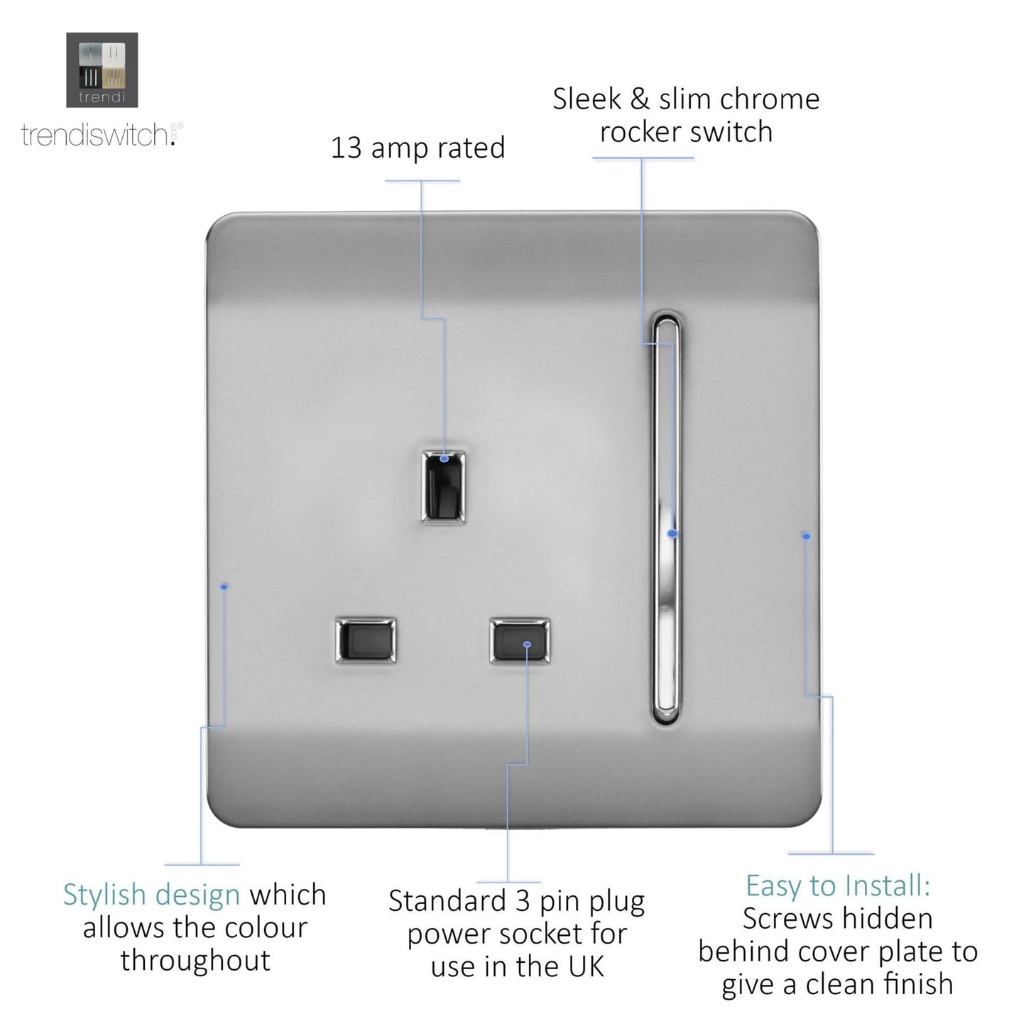 Trendi Switch 1 Gang 13 Amp Switched Plug Socketin Brushed Steel