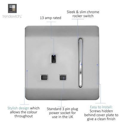 Trendi Switch 1 Gang 13 Amp Switched Plug Socket in Brushed Steel