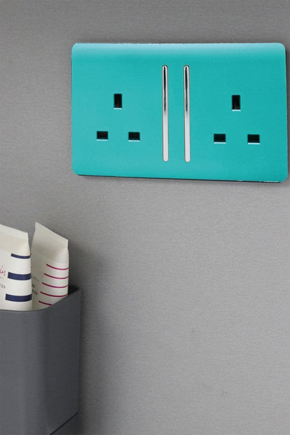Trendi Switch 2 Gang Long Switched Plug Socket in Bright Teal