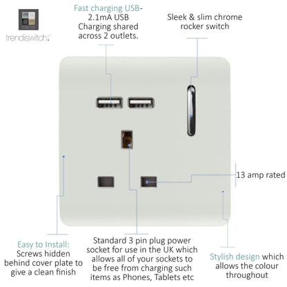 Trendi Switch 1 Gang USB 2100mA Plug Socket in Ice White