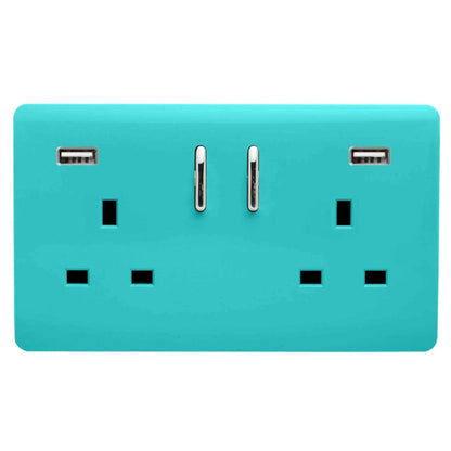 Trendi Switch 2 Gang USB 3100mA Plug Socket in Bright Teal