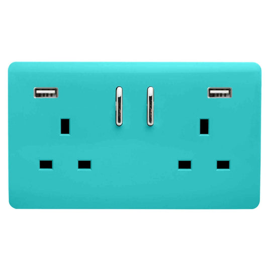 Trendi Switch 2 Gang USB 3100mA Plug Socketin Bright Teal