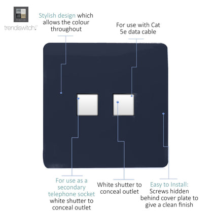 Trendi Switch 2 Gang RJ45 Cat 5e PC Ethernet & Telephone Slave Sockets in Navy Blue