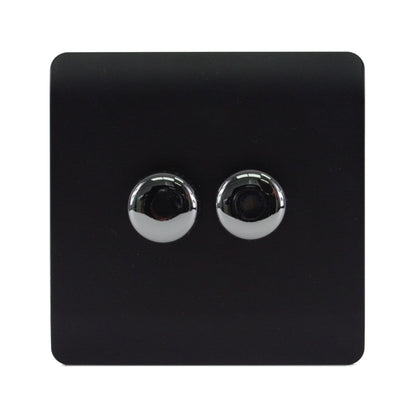 Trendi 2 Gang 2 Way 240V 100w LED Dimmer Screwless Raised Front Plate Plastic Artistic Modern Glossy 10 Amp Chrome Single Electrical Wall Light Switch in Matt Black - ART-2LDMMBK