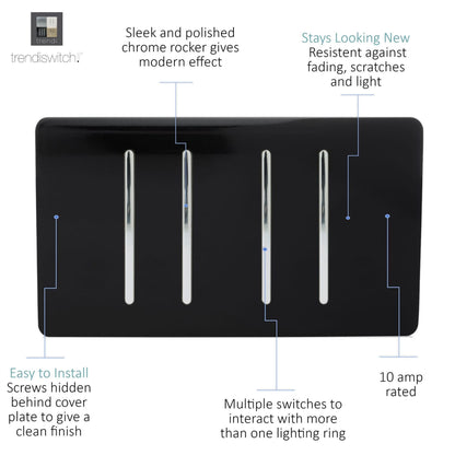 Trendi Switch 4 Gang 1 or 2 Way Light Switch in Piano Black
