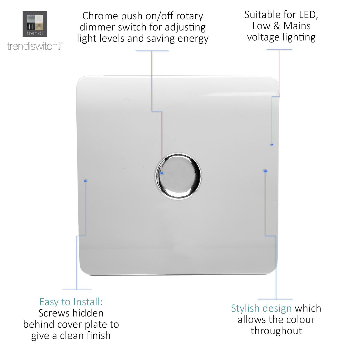 Trendi 1 Gang 2 Way 150w LED Dimmer Screwless 10 Amp Wall Light Switch in Matt White - ART-LDM150WMWH