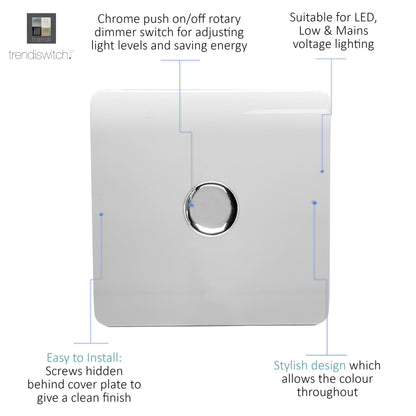 Trendi 1 Gang 2 Way 150w LED Dimmer Screwless 10 Amp Wall Light Switch in Matt White - ART-LDM150WMWH