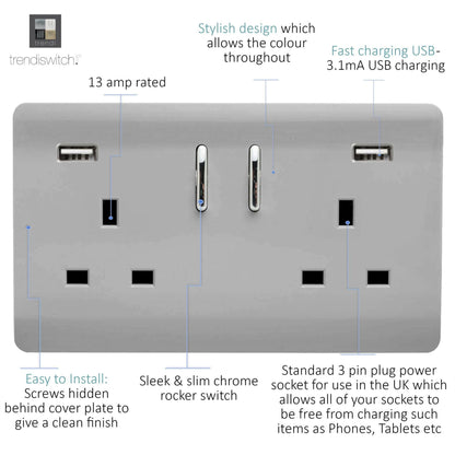 Trendi Switch 2 Gang USB 3100mA Plug Socket in Brushed Steel
