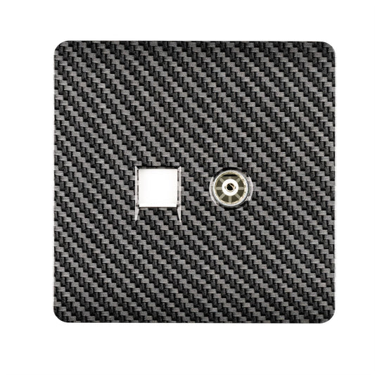 Trendi Switch 2 Gang Female TV Co-Axial & RJ45 Cat 5e PC Ethernet Socketsin Carbon Fibre