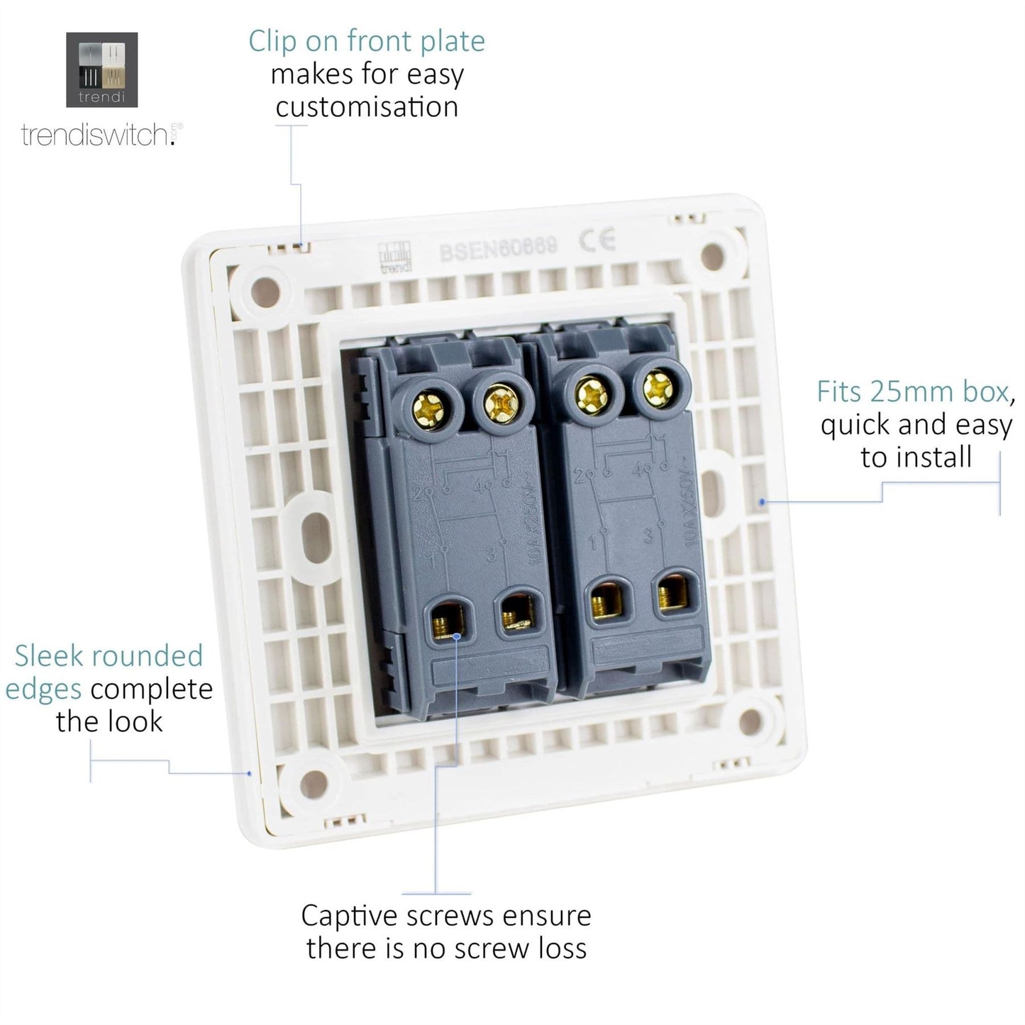 Trendi Switch 2 Gang Intermediate Rocker Light Switch in Sky Blue