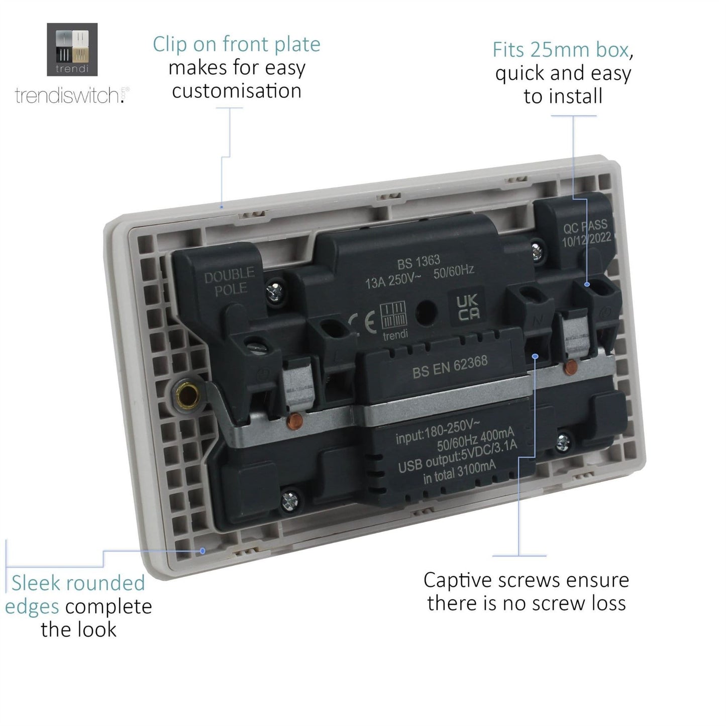 Trendi Switch 2 Gang USB 3100mA Type A & C USB Plug Socket in Piano Black