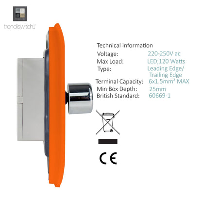 Trendi 1 Gang 2 Way 240V 100w LED Dimmer Screwless Raised Front Plate Plastic Artistic Modern Glossy 10 Amp Chrome Single Electrical Wall Light Switch in Sunset Orange- ART-LDMOR